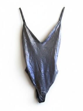 Zara Metallic Charcoal V-Neck Bodysuit